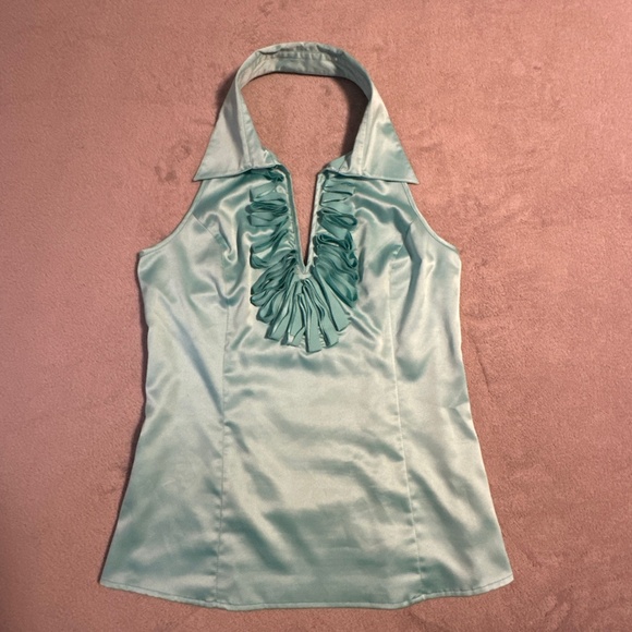 Marciano Halter Top Ruffle Collar V-Neck Sleeveless Women's Medium Teal Y2K Club - Picture 1 of 8